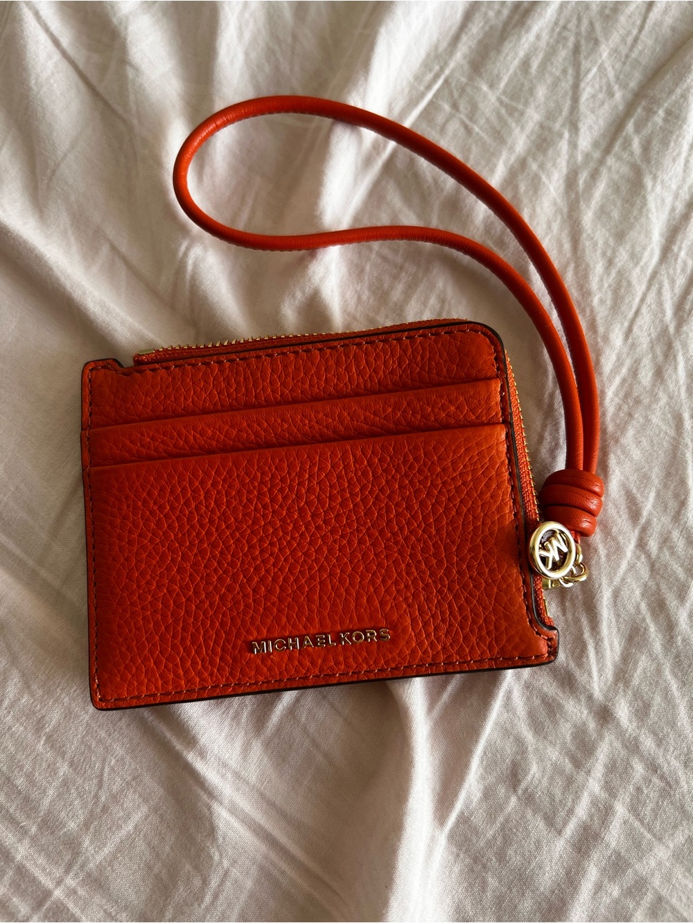 Michael Kors Orange Pebbled Leather Card Case with Wrist Lanyard
